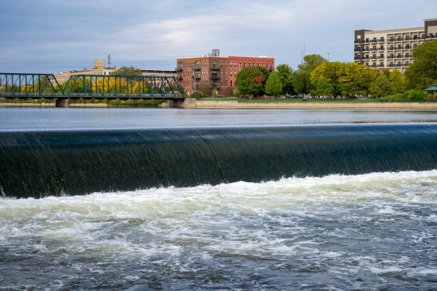 Licensed stock image of the sixth street dam and bridge looking into Monroe North